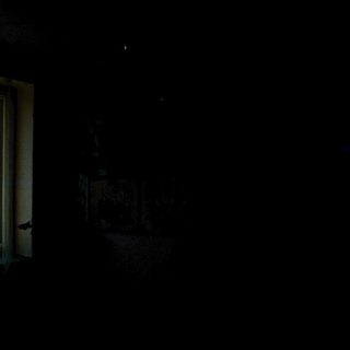 Dark room with window revealing outdoor greenery.