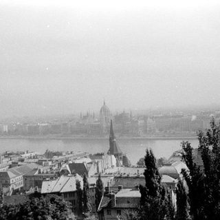 Historic black-and-white view of Budapest skyline by Danube.