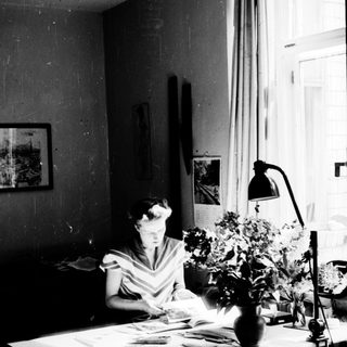 Woman studying or working at a desk with papers.