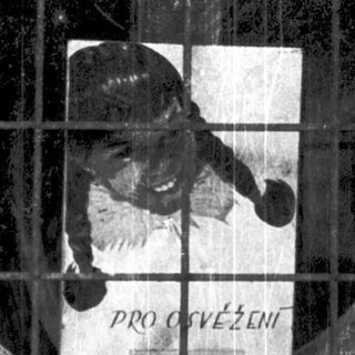 Poster through barred window depicting hockey player.