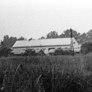 Rural landscape with pond, buildings, and reeds.