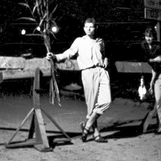 Two people holding a large palm frond.