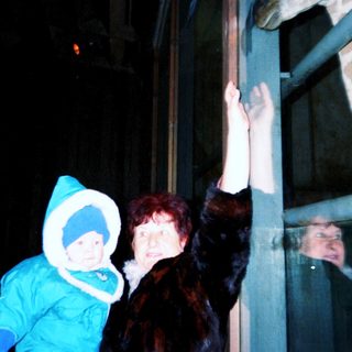 Children feeding giraffe at night enclosure.
