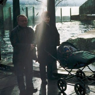 Two people standing near a stroller by a flooded outdoor area with polar bears in an enclosure.