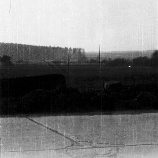 Rural landscape with flooded road and distant trees.