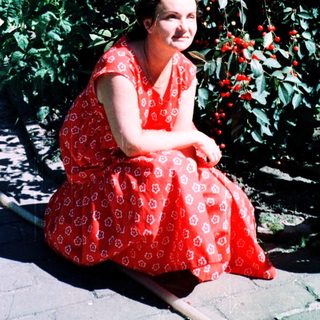 Woman sitting outdoors in red dress among berry bushes.