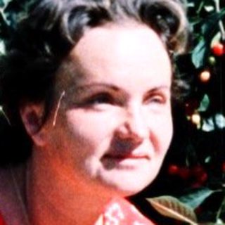 Woman sitting outdoors in red dress among berry bushes.