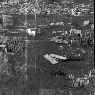 Destruction and debris from urban bombing.