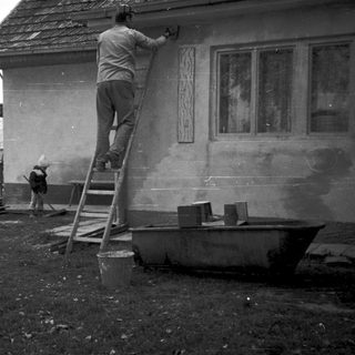 Man painting exterior of house using ladder.