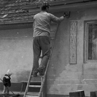 Man painting exterior of house using ladder.