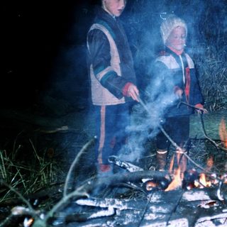 Two people roasting marshmallows over campfire at night.