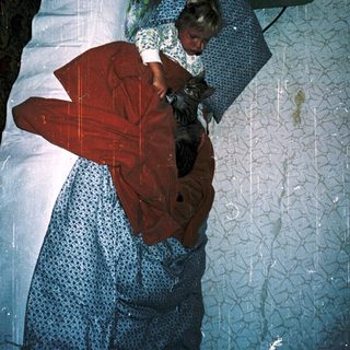 Person sleeping with cat on bed.