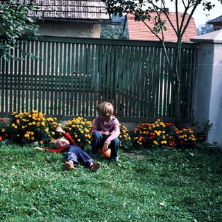 Two children playing in a garden with flowers.