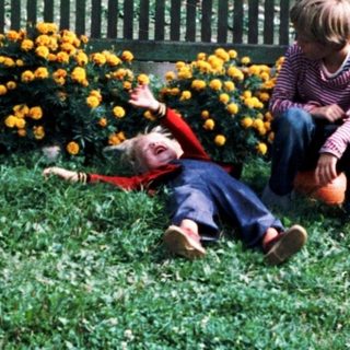 Two children playing in a garden with flowers.
