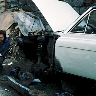 Man with dog inspects severely damaged car.