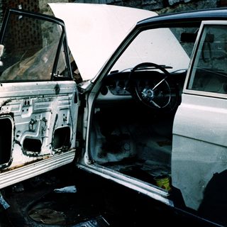 Severely damaged car interior with dog inside.