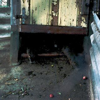 Abandoned, dilapidated staircase with rusted metal and debris.