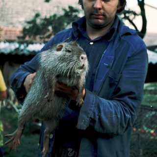 Man holding a capybara outdoors.