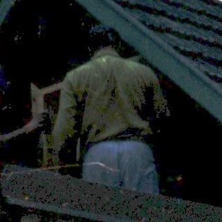Two people repairing roof shingles on a house.