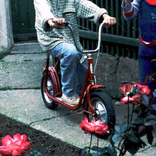 Two children on bikes in outdoor garden area.
