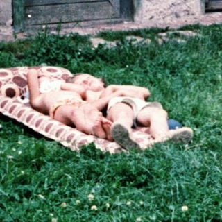 Butchered animal carcasses outside a dilapidated building.