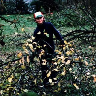 Two people clearing fallen branches in a rural landscape.