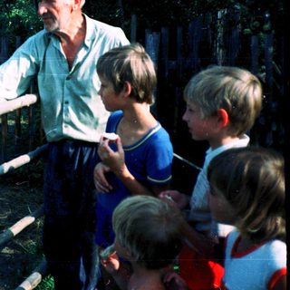 Man feeding cow with children observing.