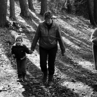 Family hiking in a forest during autumn.