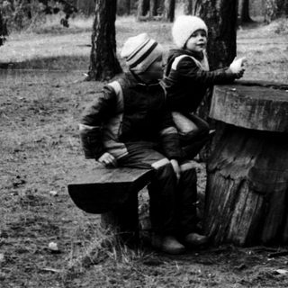 People sitting around a wooden barrel in a forest.
