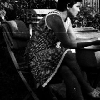 Person knitting outdoors in a backyard garden.