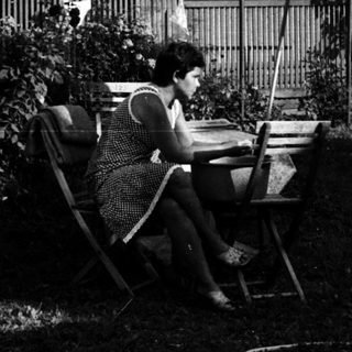 Person knitting outdoors in a backyard garden.