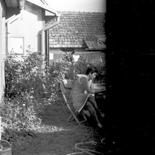 Person reading outdoors on chair near garden.