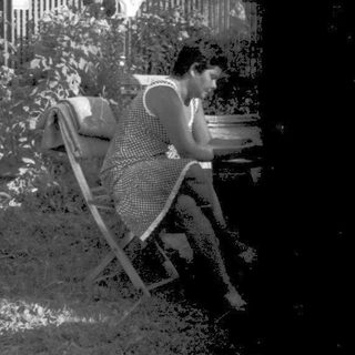 Person reading outdoors on chair near garden.