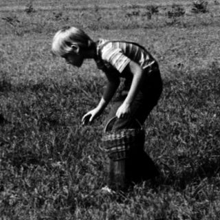 Child picking grass or flowers in rural field.