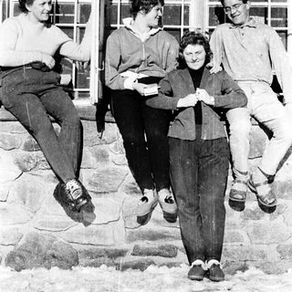 Four people posing together outdoors in 1960s-style clothing.