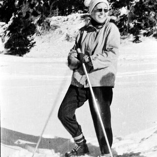 Person cross-country skiing in snowy forest.