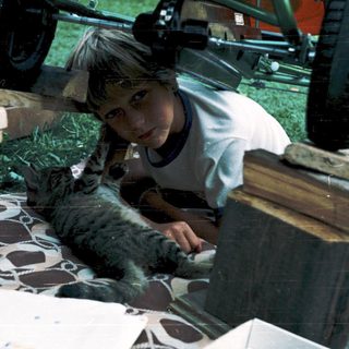Child petting cat in grassy outdoor area.