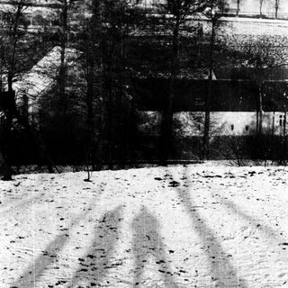 Snow-covered field with animal hoof or tire tracks.