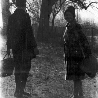 Two people walking on a path in a park.