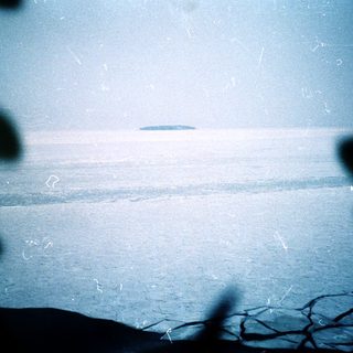 Vague coastal scene with misty horizon.