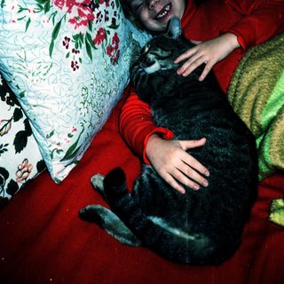 Child hugging a black cat on bed.