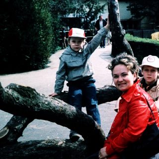 Family posing on fallen tree trunk outdoors.
