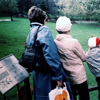 Three people observing zoo animals through fence.
