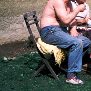 Family picnic outside in backyard.