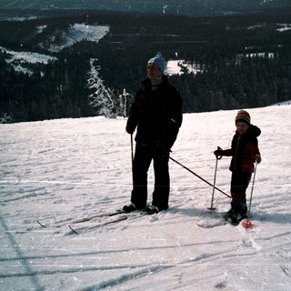 Two people skiing on snow-covered slope.