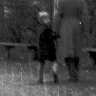 Two people walking in a snowy park.