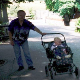 A man pushes a stroller with a child, peacocks walk on a park path.