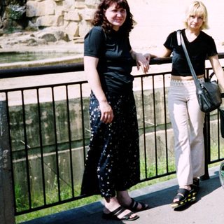 Two women and a baby in a stroller near an elephant enclosure.