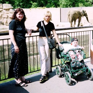 Two women and a baby in a stroller near an elephant enclosure.