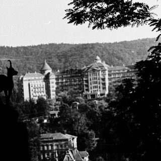 Historic town with castle and buildings on hillside.
